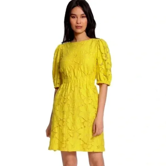 Maggy London | Dresses | Nwt Maggy London Yellow Buttercup Eyelet Lace Puff  Sleeve Mini Dress | Poshmark